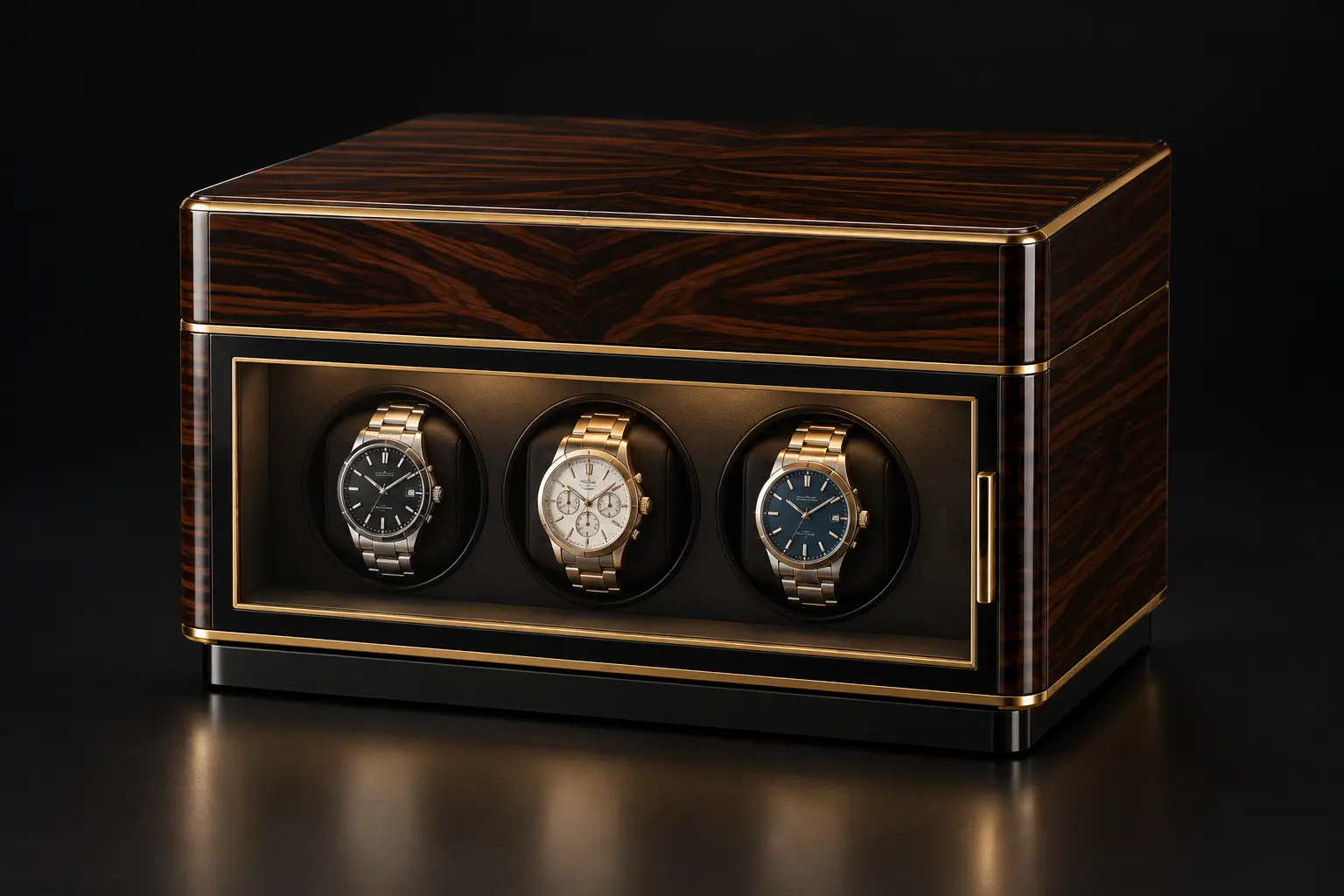 Rendering of the woodgrain three-watch cabinet with polished metal details, shown whole.