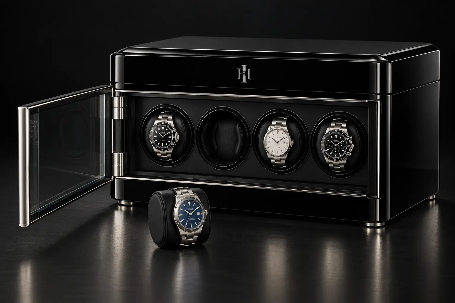 Rendering of Noir Platinum with the front watch door open, showing four horizontal winding positions and removable cushions.