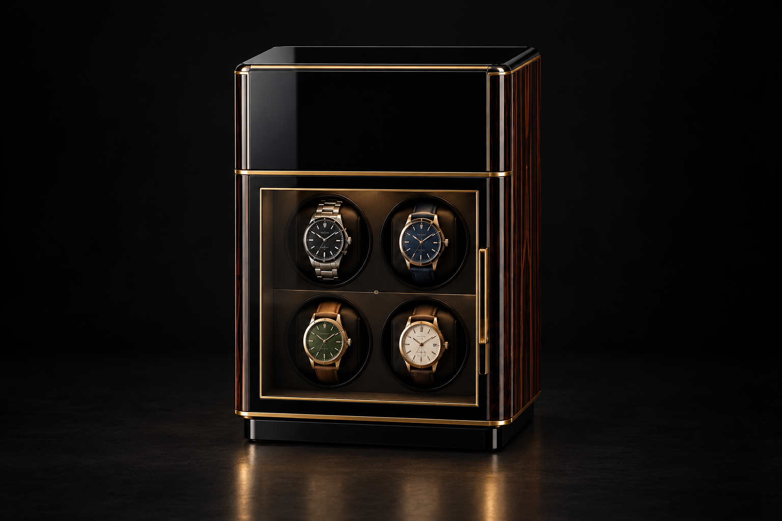 Rendering of the upright woodgrain cabinet with four watches arranged two by two, shown whole.