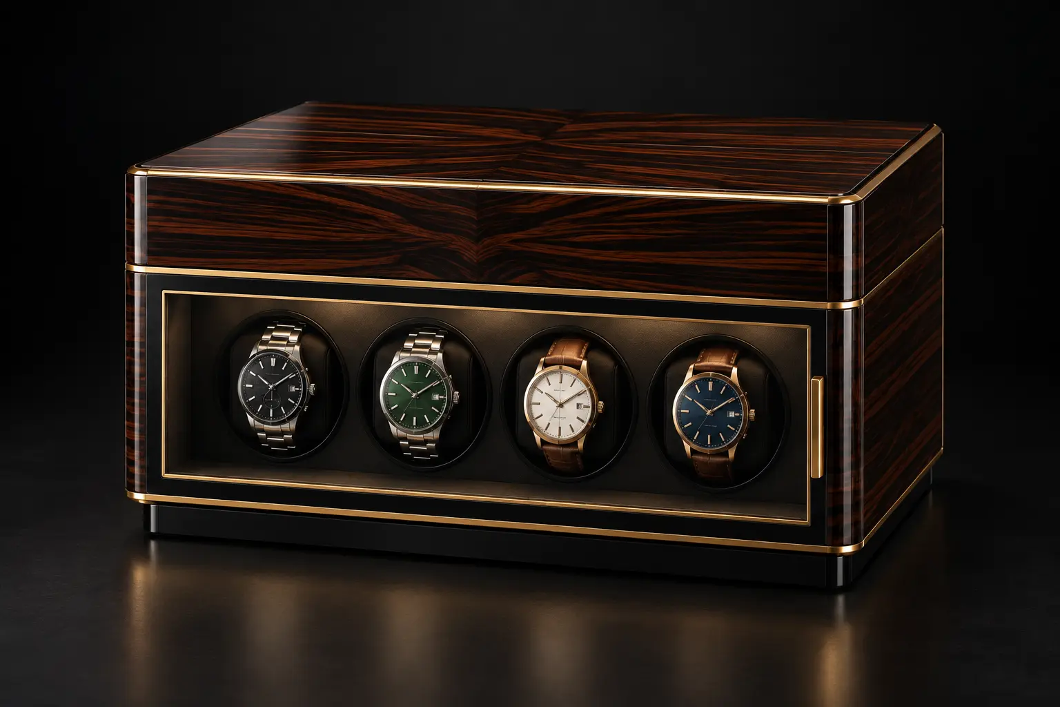 Rendering of the woodgrain four-watch cabinet with polished metal details, shown whole.